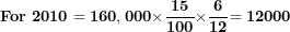 \[  \mathbf{For\ 2010 = 160,000 \times}\frac{\mathbf{15}}{\mathbf{100}}\mathbf{\times}\frac{\mathbf{6}}{\mathbf{12}}\mathbf{= 12000}\ \]