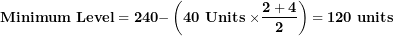 \[ \mathbf{Minimum\ Level = 240 -}\left( \mathbf{40\ Units\ \times}\frac{\mathbf{2 + 4}}{\mathbf{2}} \right)\mathbf{= 120\ units}\  \]