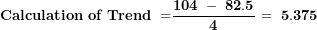 \[ \mathbf{Calculation\ of\ Trend\ =}\frac{\mathbf{104\ -\ 82.5}}{\mathbf{4}}\mathbf{\ = \ 5.375\ }\ \]