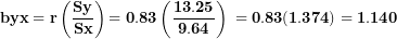 \[ \mathbf{byx = r}\left( \frac{\mathbf{Sy}}{\mathbf{Sx}} \right)\mathbf{= 0.83}\left( \frac{\mathbf{13.25}}{\mathbf{9.64}} \right)\mathbf{\ = 0.83(1.374) = 1.140}\  \]