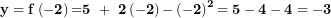  \mathbf{y = f}\left( \mathbf{- 2} \right)\mathbf{=}\mathbf{5\ + \ 2}\left( \mathbf{- 2} \right)\mathbf{-}\left( \mathbf{- 2} \right)^{\mathbf{2}}\mathbf{= 5 - 4 - 4 = - 3}\  