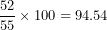 \[  \frac{52}{55} \times 100 = 94.54\ \]