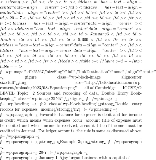 </strong></td></tr><tr><td class="has-text-align-center" data-align="center"> </td><td class="has-text-align-center" data-align="center"> </td><td> </td><td> </td><td>20-7</td><td> </td><td> </td><td> </td></tr><tr><td class="has-text-align-center" data-align="center"> </td><td class="has-text-align-center" data-align="center"> </td><td> </td><td> </td><td>January 6</td><td>Bank</td><td> </td><td>5,000</td></tr><tr><td class="has-text-align-center" data-align="center"> </td><td class="has-text-align-center" data-align="center"> </td><td> </td><td> </td><td> </td><td> </td><td> </td><td> </td></tr></tbody></table></figure> <!-- /wp:table -->  <!-- wp:image {"id":25567,"sizeSlug":"full","linkDestination":"none","align":"center"} --> <figure class="wp-block-image aligncenter size-full"><img src="http://bcfeducation.com/wp-content/uploads/2023/08/Equation.png" alt="Cambridge IGCSE/O LEVEL Topic: 2 Sources and recording of data, Double Entry Book-keeping" class="wp-image-25567"/></figure> <!-- /wp:image -->  <!-- wp:heading --> <h2 class="wp-block-heading"><strong>Double entry records for expenses & income</strong></h2> <!-- /wp:heading -->  <!-- wp:paragraph --> Favorable balance for expense is debit and for income is credit which means when expenses occur, account title of expense must be debited and when income is received, account title of income must be credited in Journal. For ledger accounts, the rule is same as discussed above. <!-- /wp:paragraph -->  <!-- wp:paragraph --> <strong><u>Example 3:</u></strong> <!-- /wp:paragraph -->  <!-- wp:paragraph --> 20-7 <!-- /wp:paragraph -->  <!-- wp:paragraph --> January 1 Ajay began business with a capital of