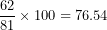 \[  \frac{62}{81} \times 100 = 76.54\ \]