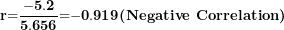 \[  \mathbf{r}\mathbf{=}\frac{\mathbf{- 5.2}}{\mathbf{5.656}}\mathbf{=}\mathbf{- 0.919} \textbf{(Negative Correlation)} \]