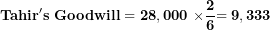 \[  \mathbf{Tahir'}\mathbf{s\ Goodwill = 28,000\ \times}\frac{\mathbf{2}}{\mathbf{6}}\mathbf{= 9,333}\ \]