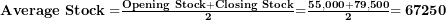   \mathbf{Average\ Stock =}\frac{\mathbf{Opening\ Stock + Closing\ Stock}}{\mathbf{2}}\mathbf{=}\frac{\mathbf{55,000 + 79,500}}{\mathbf{2}}\mathbf{= 67250}\ 
