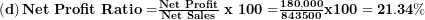   \left( \mathbf{d} \right)\mathbf{Net\ Profit\ Ratio =}\frac{\mathbf{Net\ Profit}}{\mathbf{Net\ Sales}}\mathbf{\ x\ 100 =}\frac{\mathbf{180,000}}{\mathbf{843500}}\mathbf{x}\mathbf{100 = 21.34\%}\ 