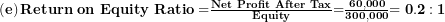  \left( \mathbf{e} \right)\mathbf{Return\ on\ Equity\ Ratio =}\frac{\mathbf{Net\ Profit\ After\ Tax}}{\mathbf{Equity}}\mathbf{=}\frac{\mathbf{60,000}}{\mathbf{300,000}}\mathbf{= 0.2:1}\  