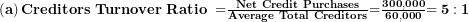  \left( \mathbf{a} \right)\mathbf{Creditors\ Turnover\ Ratio\ =}\frac{\mathbf{Net\ Credit\ Purchases}}{\mathbf{Average\ Total\ Creditors}}\mathbf{=}\frac{\mathbf{300,000}}{\mathbf{60,000}}\mathbf{= 5:1}\  