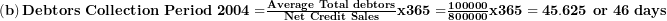   \mathbf{\ }\left( \mathbf{b} \right)\mathbf{Debtors\ Collection\ Period\ 2004 =}\frac{\mathbf{Average\ Total\ debtors}}{\mathbf{Net\ Credit\ Sales}}\mathbf{x}\mathbf{365 =}\frac{\mathbf{100000}}{\mathbf{800000}}\mathbf{x}\mathbf{365 = 45.625\ or\ 46\ days}\ 