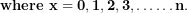 \[ \mathbf{where\ x = 0,1,2,3,\ldots\ldots n.}\ \]