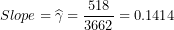 \[ Slope = \widehat{\gamma} = \frac{518}{3662} = 0.1414\ \]