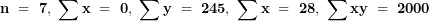 \[ \mathbf{n\ = \ 7,\ \sum x\ = \ 0,\ \sum y\ = \ 245,\ \sum x&sup2;\ = \ 28,\ \sum xy\ = \ 2000}\ \]