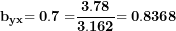 \[ \mathbf{b}_{\mathbf{yx}}\mathbf{= 0.7 =}\frac{\mathbf{3.78}}{\mathbf{3.162}}\mathbf{= 0.8368}\  \]