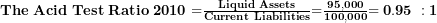  \mathbf{The\ Acid\ Test\ Ratio\ 2010 =}\frac{\mathbf{Liquid\ Assets}}{\mathbf{Current\ Liabilities}}\mathbf{=}\frac{\mathbf{95,000}}{\mathbf{100,000}}\mathbf{= 0.95\ :1}\  