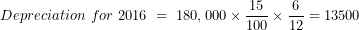 \[  Depreciation\ for\ 2016\ = \ 180,000 \times \frac{15}{100} \times \frac{6}{12} = 13500\ \]