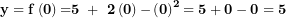  \mathbf{y = f}\left( \mathbf{0} \right)\mathbf{=}\mathbf{5\ + \ 2}\left( \mathbf{0} \right)\mathbf{-}\left( \mathbf{0} \right)^{\mathbf{2}}\mathbf{= 5 + 0 - 0 = 5}\  