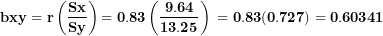 \[ \mathbf{bxy = r}\left( \frac{\mathbf{Sx}}{\mathbf{Sy}} \right)\mathbf{= 0.83}\left( \frac{\mathbf{9.64}}{\mathbf{13.25}} \right)\mathbf{\ = 0.83(0.727) = 0.60341}\  \]