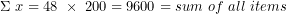 \[ \Sigma\ x = 48\ \times \ 200 = 9600 = sum\ of\ all\ items\  \]