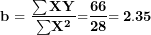 \[ \mathbf{b = \ }\frac{\mathbf{\sum XY}}{\mathbf{\sum}\mathbf{X}^{\mathbf{2}}}\mathbf{=}\frac{\mathbf{66}}{\mathbf{28}}\mathbf{= 2.35}\ \]