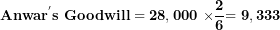 \[  \mathbf{Anwa}\mathbf{r}^{\mathbf{'}}\mathbf{s\ Goodwill = 28,000\ \times}\frac{\mathbf{2}}{\mathbf{6}}\mathbf{= 9,333}\ \]