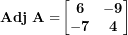   \mathbf{Adj\ A =}\begin{bmatrix}\mathbf{6} & \mathbf{- 9} \\\mathbf{- 7} & \mathbf{4} \\\end{bmatrix}\ 