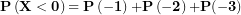 \[ \mathbf{P}\left( \mathbf{X < 0} \right)\mathbf{= P}\left( \mathbf{- 1} \right)\mathbf{+ P}\left( \mathbf{- 2} \right)\mathbf{+ P( - 3)}\ \]