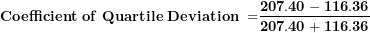 \[ \mathbf{Coefficient\ of\ Quartile\ Deviation\ =}\frac{\mathbf{207.40 - 116.36}}{\mathbf{207.40 + 116.36}}\  \]