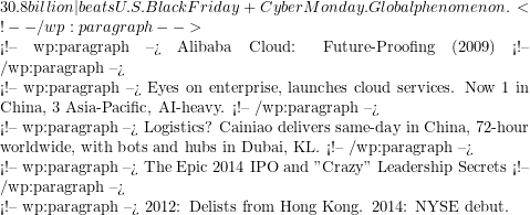 30.8 billion—beats U.S. Black Friday + Cyber Monday. Global phenomenon. <!-- /wp:paragraph -->  <!-- wp:paragraph --> Alibaba Cloud: Future-Proofing (2009) <!-- /wp:paragraph -->  <!-- wp:paragraph --> Eyes on enterprise, launches cloud services. Now #1 in China, #3 Asia-Pacific, AI-heavy. <!-- /wp:paragraph -->  <!-- wp:paragraph --> Logistics? Cainiao delivers same-day in China, 72-hour worldwide, with bots and hubs in Dubai, KL. <!-- /wp:paragraph -->  <!-- wp:paragraph --> The Epic 2014 IPO and "Crazy" Leadership Secrets <!-- /wp:paragraph -->  <!-- wp:paragraph --> 2012: Delists from Hong Kong. 2014: NYSE debut.