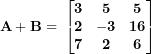 \[ \mathbf{A + B = \ }\begin{bmatrix}\mathbf{3} & \mathbf{5} & \mathbf{5} \\\mathbf{2} & \mathbf{- 3} & \mathbf{16} \\\mathbf{7} & \mathbf{2} & \mathbf{6} \\\end{bmatrix}\  \]