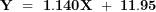 \[ \mathbf{Y\ = \ 1.140}\mathbf{X\ + \ 11.95\ }\  \]
