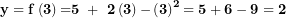  \mathbf{y = f}\left( \mathbf{3} \right)\mathbf{=}\mathbf{5\ + \ 2}\left( \mathbf{3} \right)\mathbf{-}\left( \mathbf{3} \right)^{\mathbf{2}}\mathbf{= 5 + 6 - 9 = 2}\  