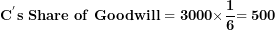 \[  \mathbf{C}^{\mathbf{'}}\mathbf{s\ Share\ of\ Goodwill = 3000 \times}\frac{\mathbf{1}}{\mathbf{6}}\mathbf{= 500}\ \]