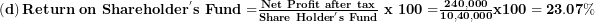  \left( \mathbf{d} \right)\mathbf{Return\ on\ Shareholde}\mathbf{r}^{\mathbf{'}}\mathbf{s\ Fund =}\frac{\mathbf{Net\ Profit\ after\ tax}}{\mathbf{Share\ Holde}\mathbf{r}^{\mathbf{'}}\mathbf{s\ Fund}}\mathbf{\ x\ 100 =}\frac{\mathbf{240,000}}{\mathbf{10,40,000}}\mathbf{x}\mathbf{100 = 23.07\%}\ 