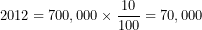 \[ 2012 = 700,000 \times \frac{10}{100} = 70,000\ \]