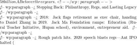 58 billion AI bet over three years. <!-- /wp:paragraph -->  <!-- wp:paragraph --> Stepping Back: Philanthropy, Regs, and Lasting Legacy <!-- /wp:paragraph -->  <!-- wp:paragraph --> 2018: Jack flags retirement as exec chair, handing to Daniel Zhang in 2019. Jack Ma Foundation ramps: Education (Rural Teacher Initiative, Hupan school), environment, entrepreneur aid. <!-- /wp:paragraph -->  <!-- wp:paragraph --> Rough patch hits. 2020 speech blasts regs—Ant IPO halted (