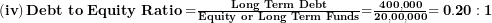  \left( \mathbf{iv} \right)\mathbf{Debt\ to\ Equity\ Ratio =}\frac{\mathbf{Long\ Term\ Debt}}{\mathbf{Equity\ or\ Long\ Term\ Funds}}\mathbf{=}\frac{\mathbf{400,000}}{\mathbf{20,00,000}}\mathbf{= 0.20:1}\  