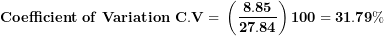 \[  \mathbf{Coefficient\ of\ Variation\ C.V = \ }\left( \frac{\mathbf{8.85}}{\mathbf{27.84}} \right)\mathbf{100 = 31.79\%}\ \]